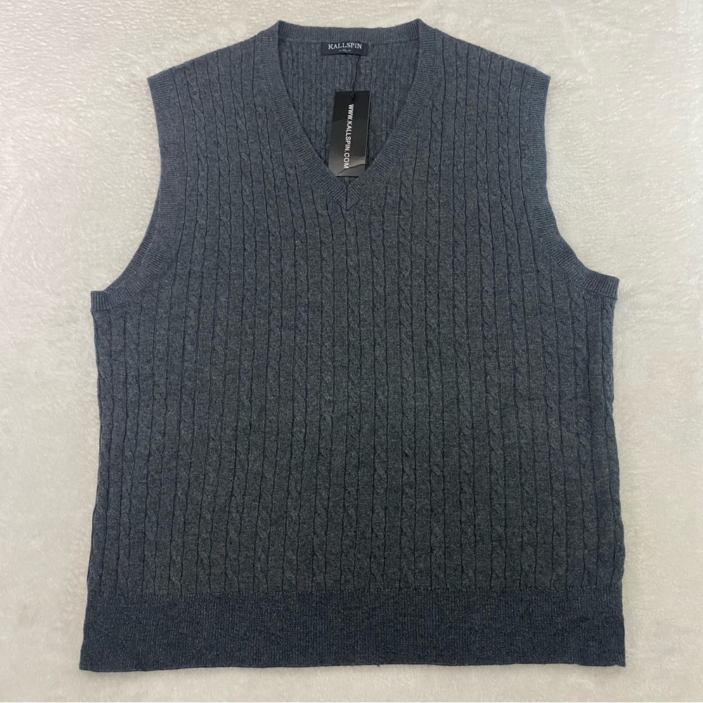 Kallspin Wool Blend Sweater Vest Cable Knit V Neck Mens XL Gray Fisherman Golf